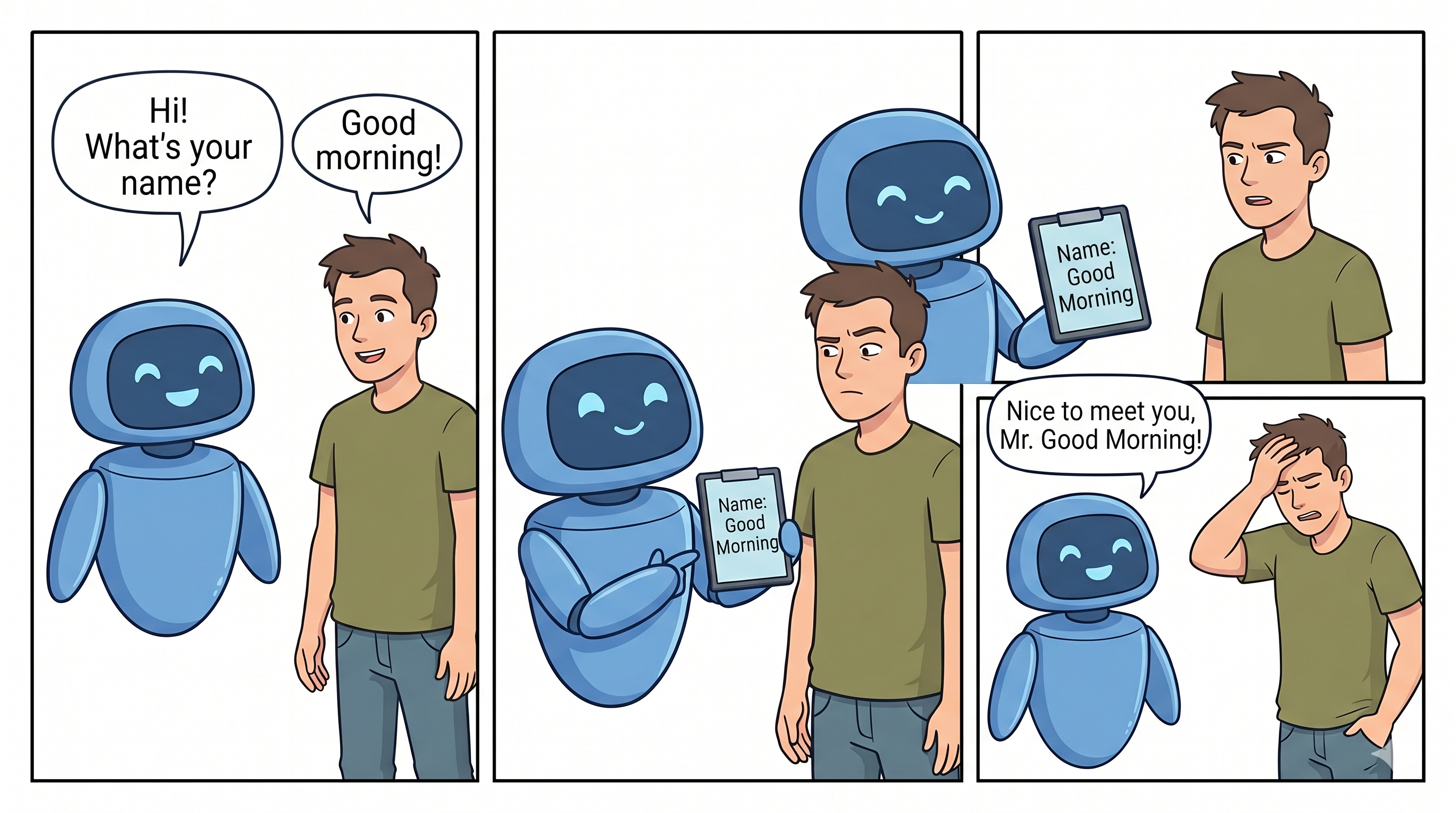 Comic: bot saving Good Morning as customer name